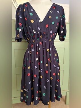 HD in Paris Crepe Poppy Print Dress w V-Neck Flutter Sleeve Smocked Waist (Sz10)